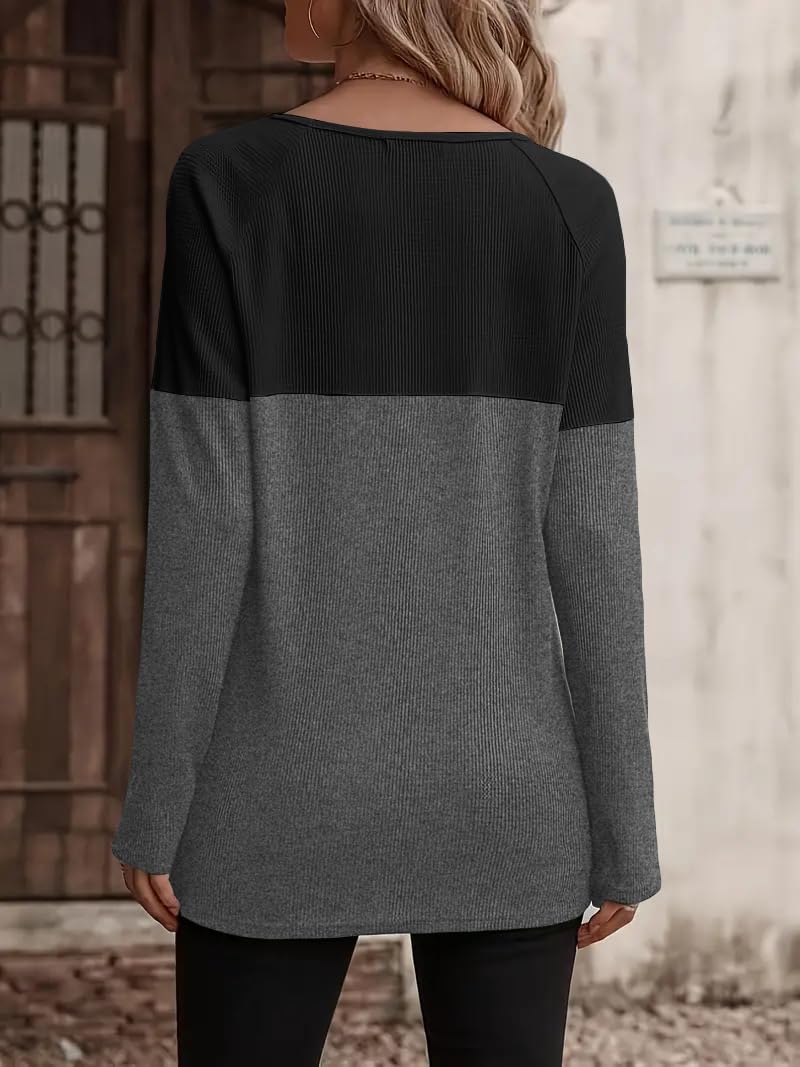 Noelle Waffle Knit Colorblock Long Sleeve Tunic Top - view 15