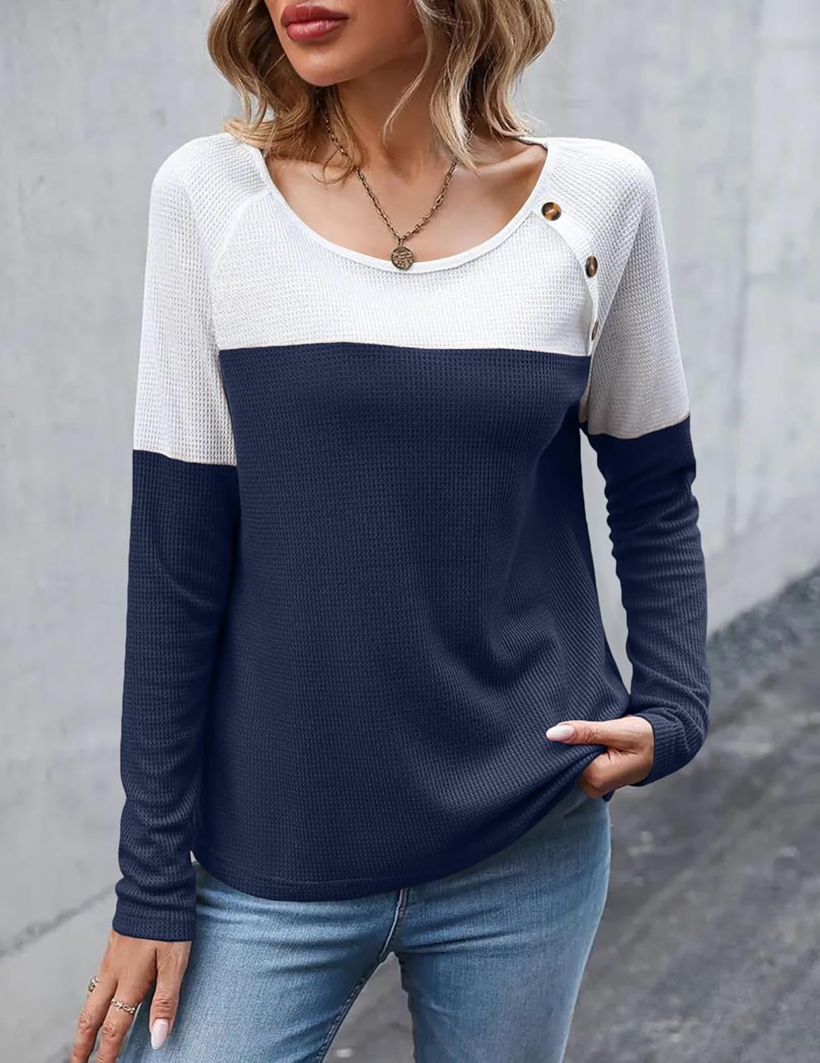 Noelle Waffle Knit Colorblock Long Sleeve Tunic Top - view 8