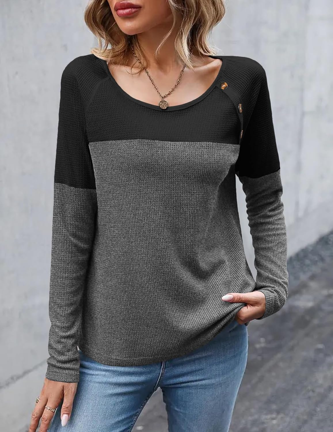 Noelle Waffle Knit Colorblock Long Sleeve Tunic Top - view 14