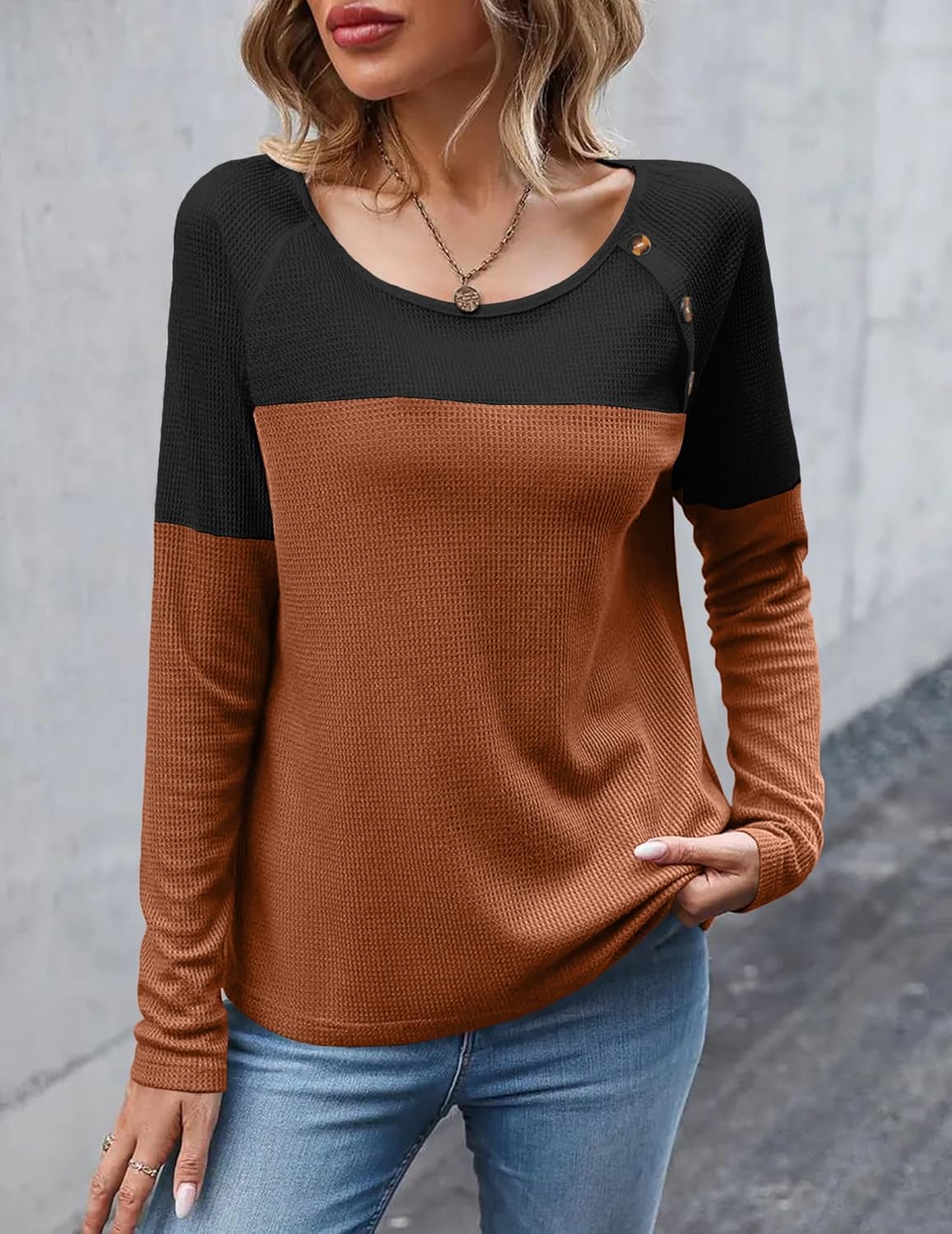 Noelle Waffle Knit Colorblock Long Sleeve Tunic Top - view 20