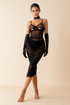 Allure Black Sheer Ruched Tulle Midi Dress with Choker - view 1