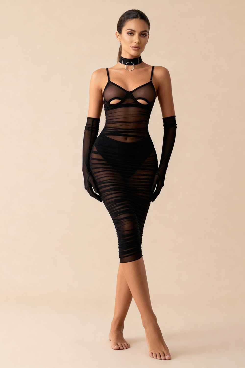 Allure Black Sheer Ruched Tulle Midi Dress with Choker - view 4