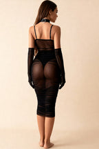 Allure Black Sheer Ruched Tulle Midi Dress with Choker - view 6
