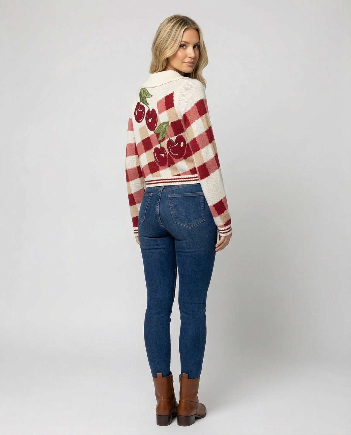 Rosalind Cropped Knitted Cardigan with Cherry Blossom Floral Pattern - view 4