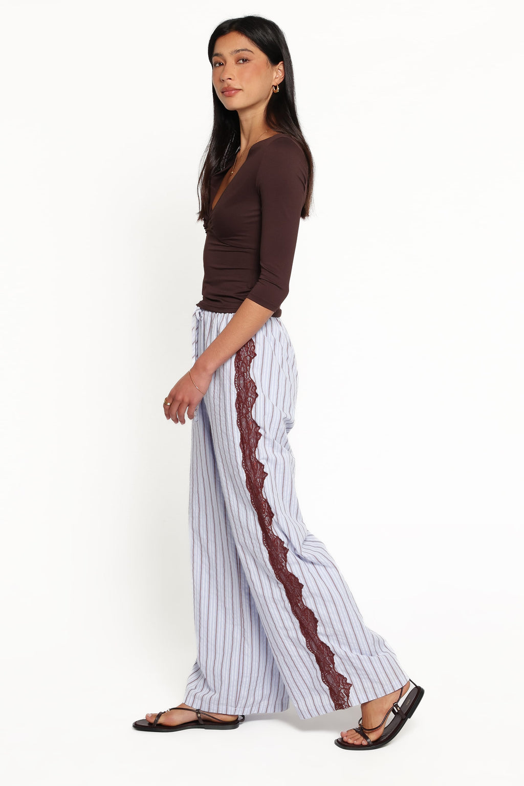 Ellina Blue Stripe Lace Contrast Wide Leg Pant - view 3
