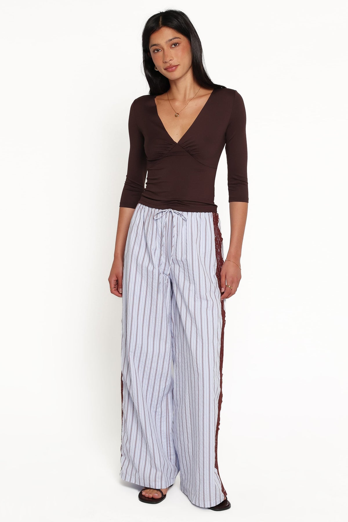 Ellina Blue Stripe Lace Contrast Wide Leg Pant - view 2