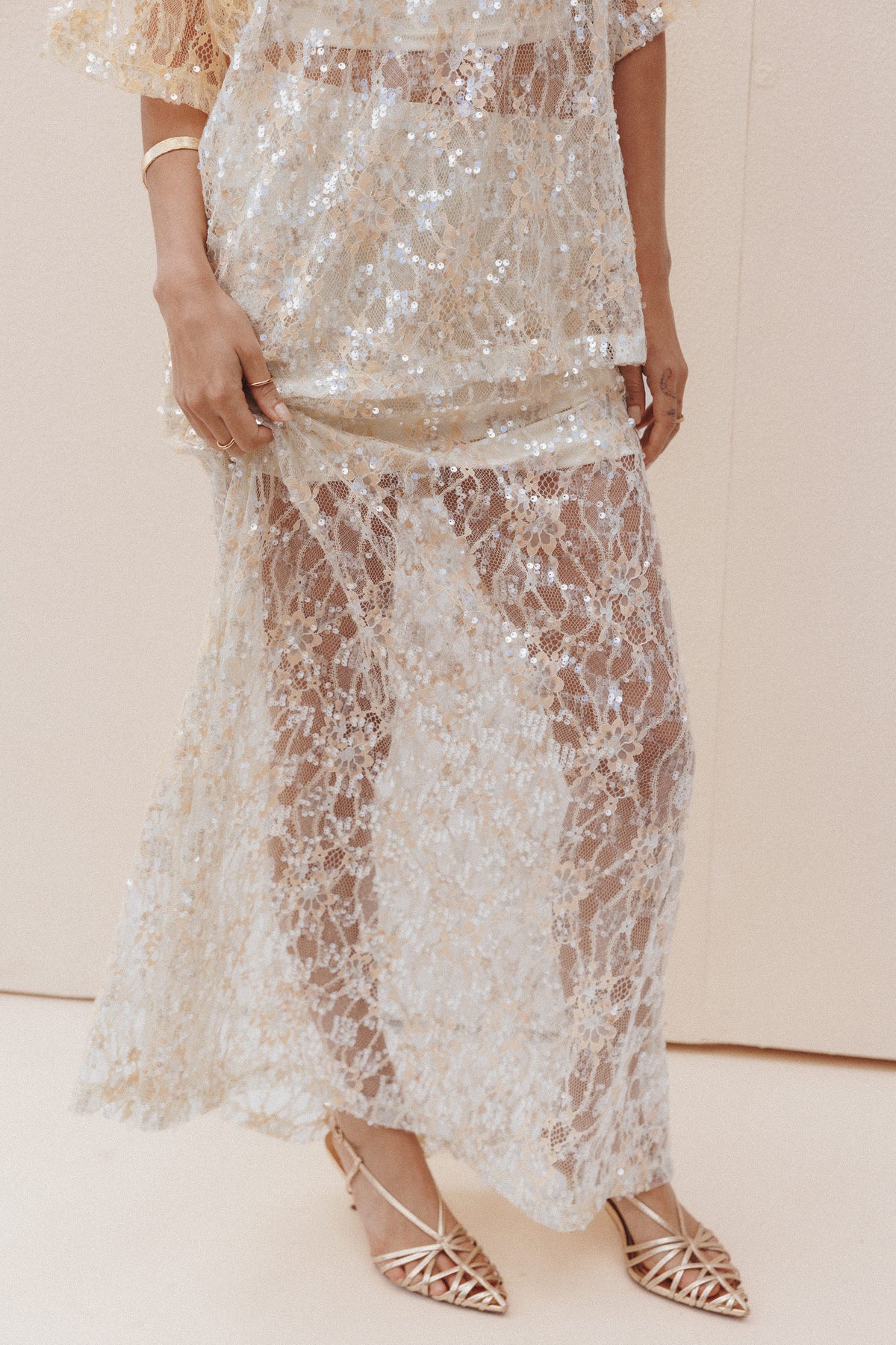 Yonder Pale Yellow Sheer Panel Lace Maxi Skirt - view 1