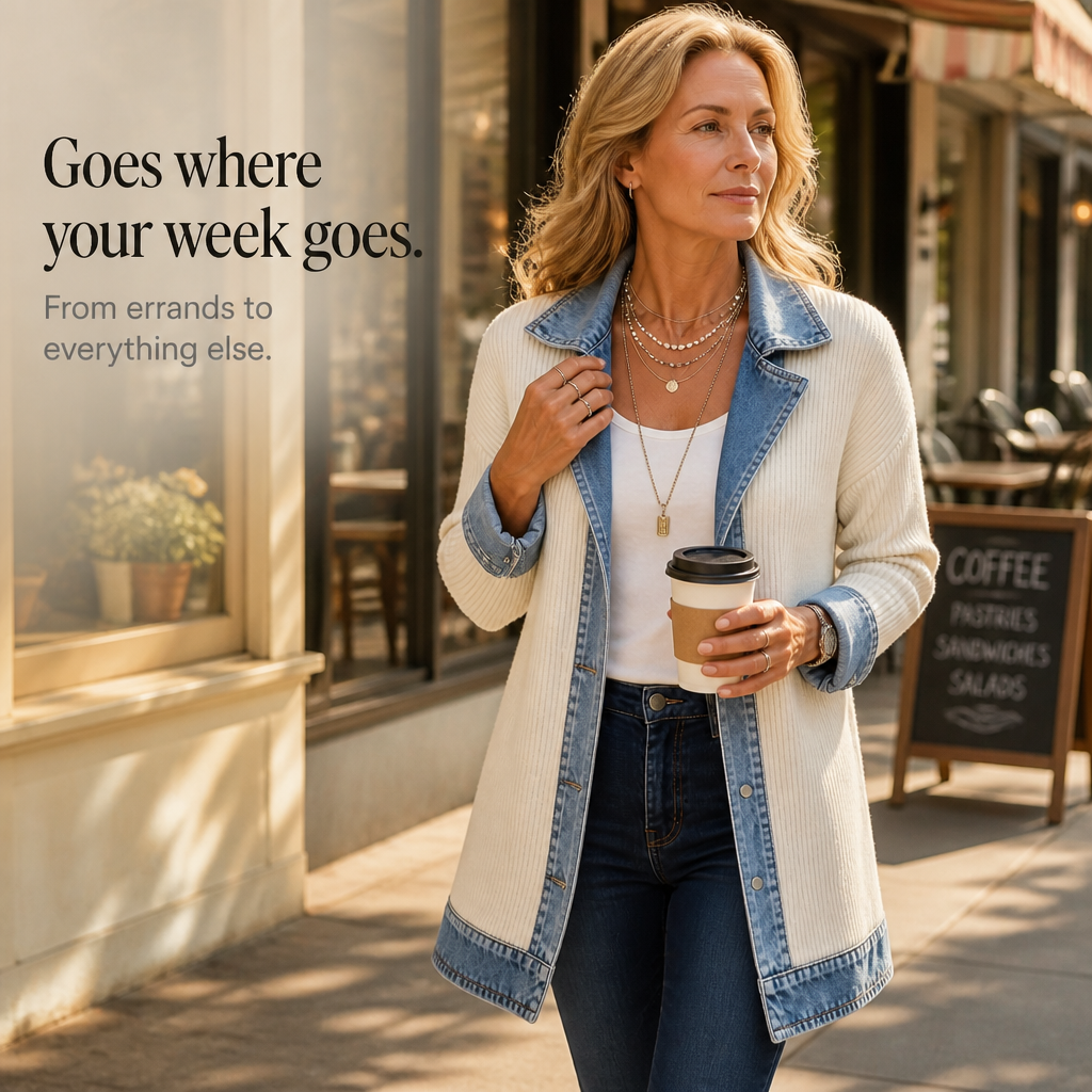 Xia Ribbed Knit Cardigan with Denim Panels - view 6