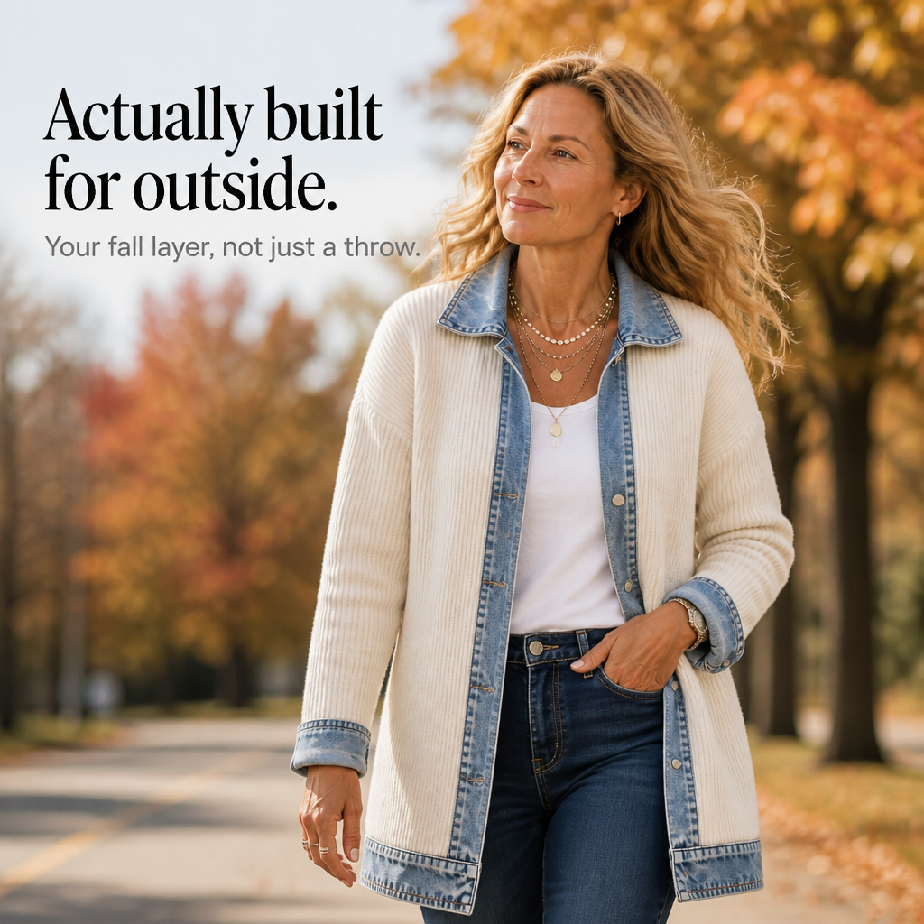 Xia Ribbed Knit Cardigan with Denim Panels - view 9