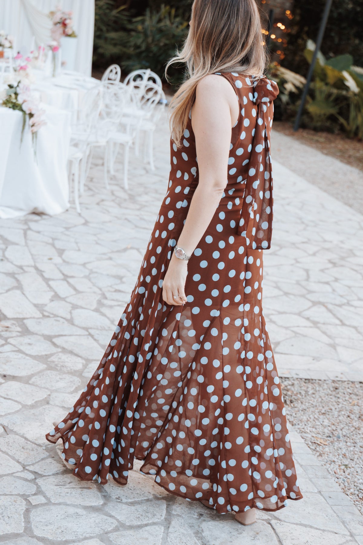 Keani Brown Polka Dot Boat Neck Maxi Dress - view 1