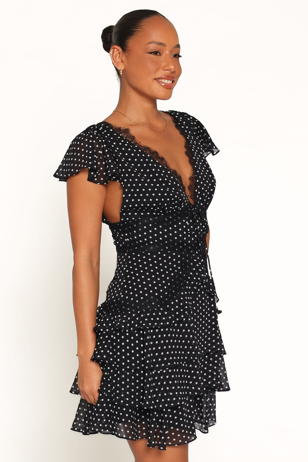 Saint Black Polka Dot V-Neck Tiered Ruffle Mini Dress - view 4