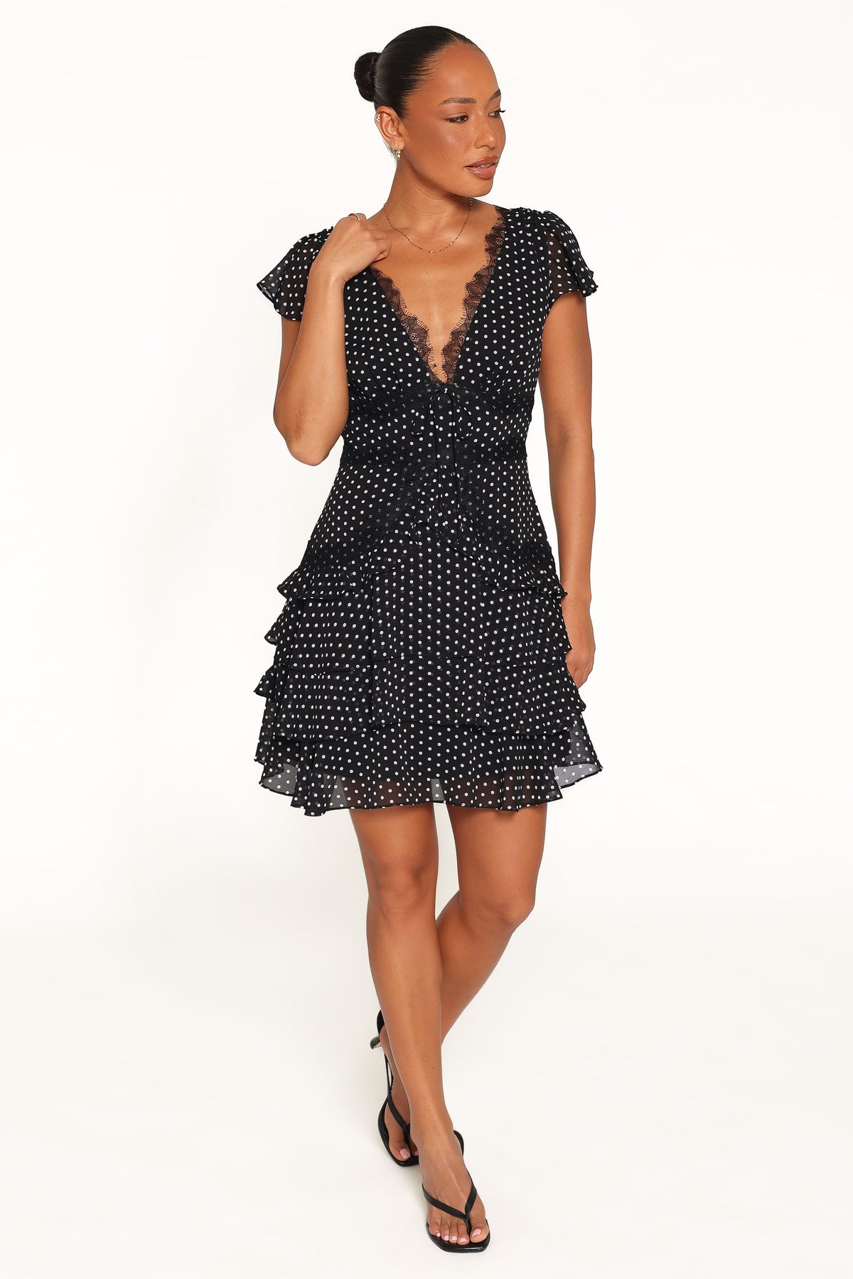 Saint Black Polka Dot V-Neck Tiered Ruffle Mini Dress - view 6
