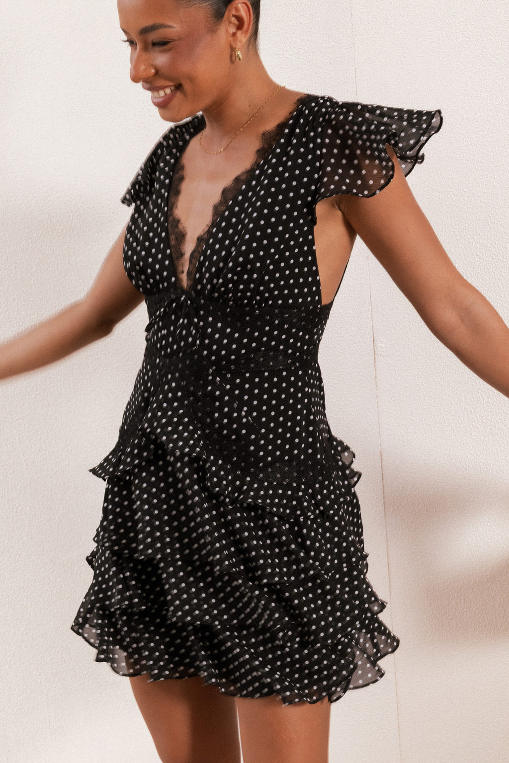 Saint Black Polka Dot V-Neck Tiered Ruffle Mini Dress - view 1