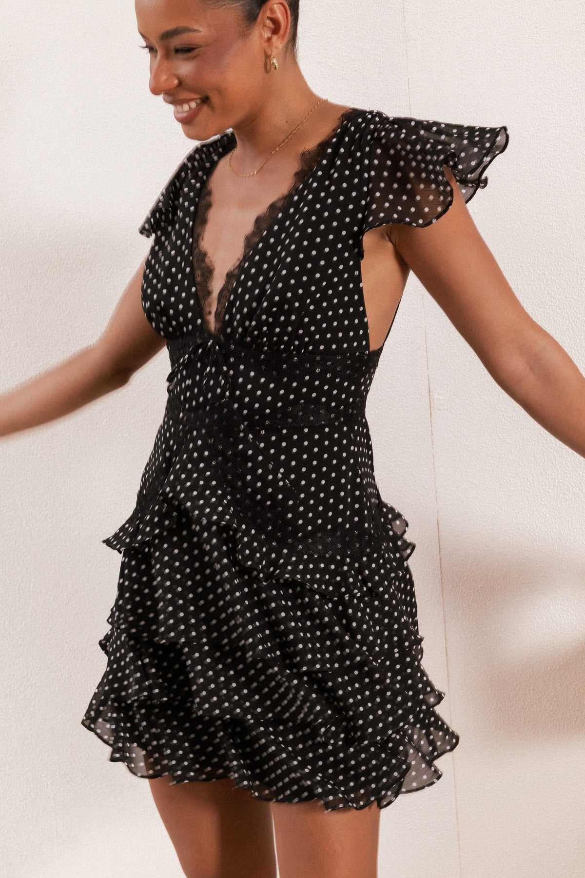 Saint Black Polka Dot V-Neck Tiered Ruffle Mini Dress - view 1