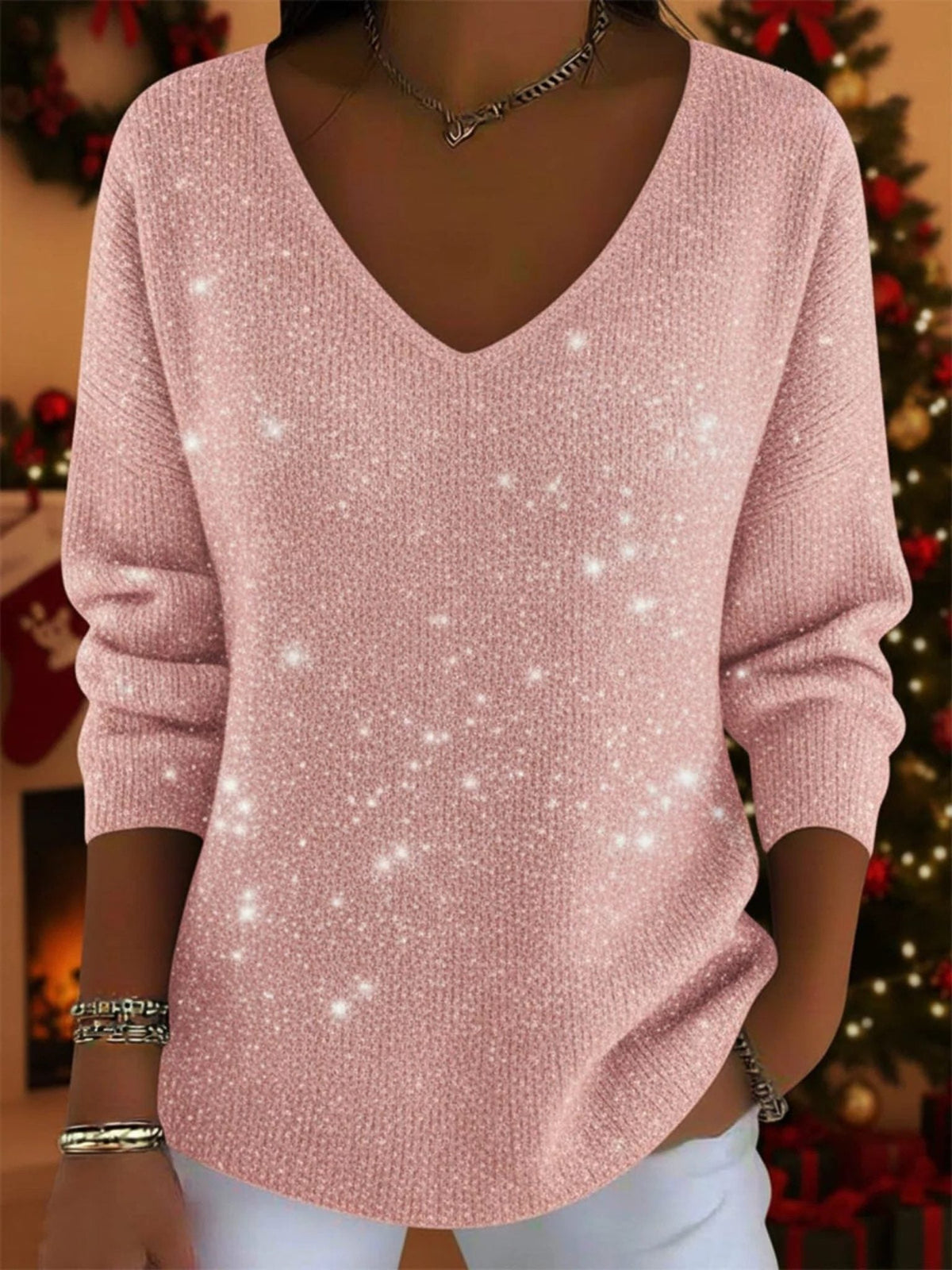 Eldoris | Festive Glitter V-Neck Sweater with Long Sleeves for Women