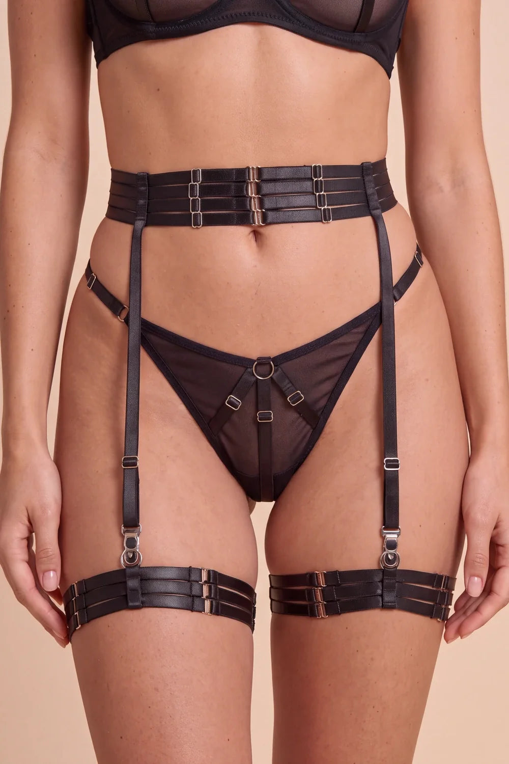 Nora Black Satin High-Waisted 4-Piece Lingerie Set - view 5