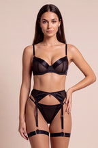 Powder Black Satin 4-Piece Lingerie Set - view 1