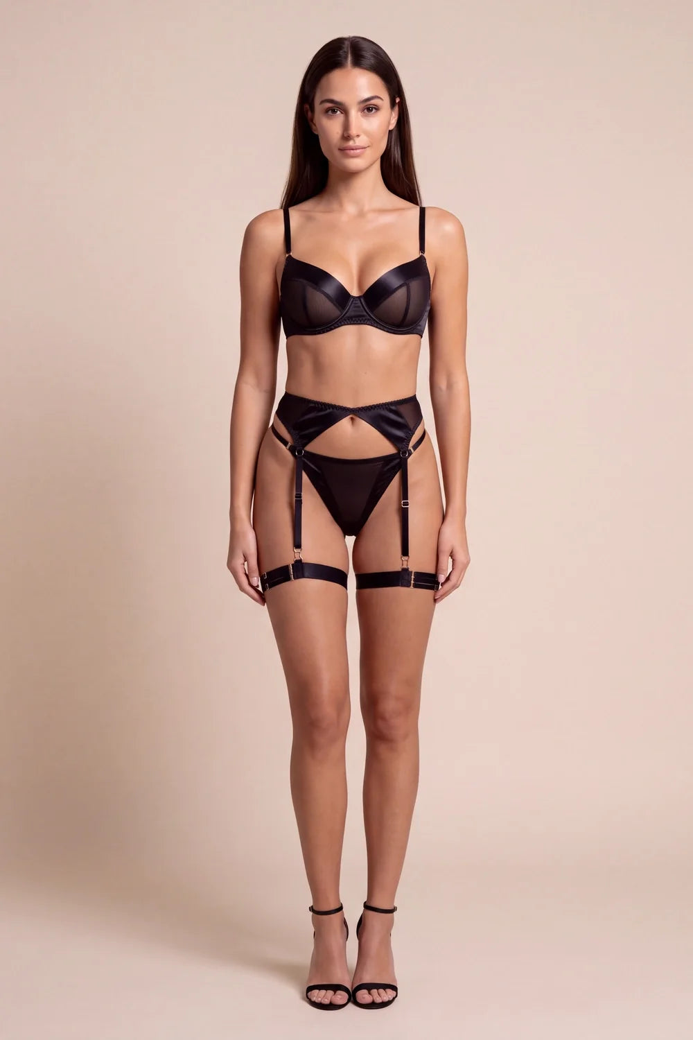 Powder Black Satin 4-Piece Lingerie Set - view 5