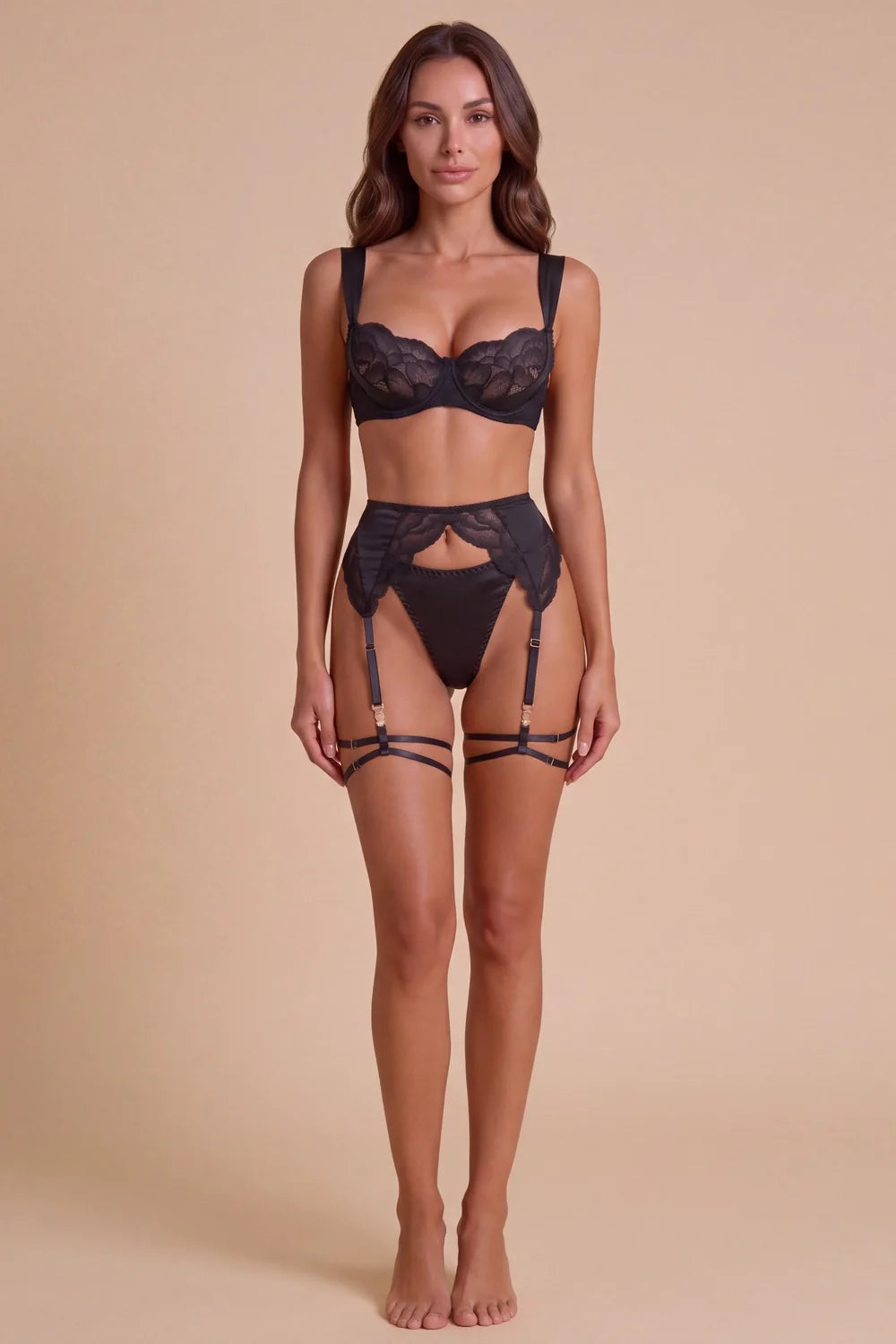 Roma Black Lace High-Waisted 4-Piece Lingerie Set - view 5