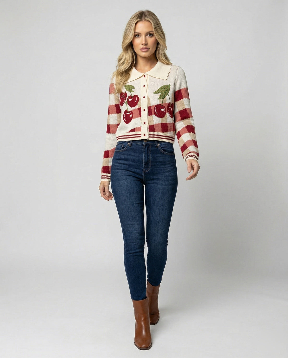 Rosalind Cropped Knitted Cardigan with Cherry Blossom Floral Pattern - view 1