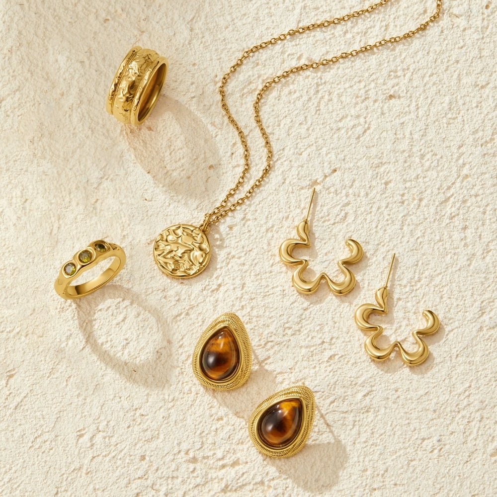 Gold Tiger Eye Teardrop Earrings