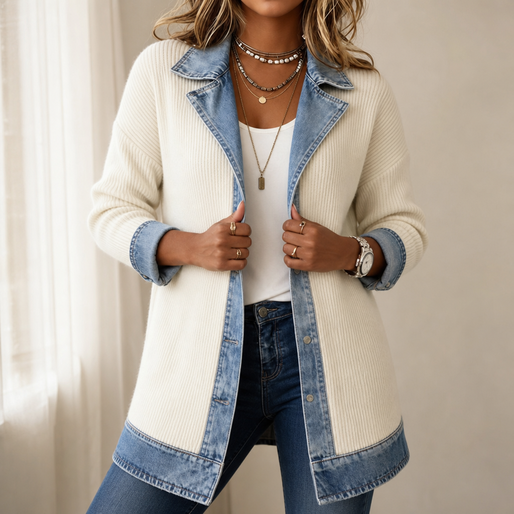Xia Ribbed Knit Cardigan with Denim Panels - view 1