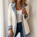Xia Ribbed Knit Cardigan with Denim Panels - view 2