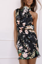 Anabelle Black Floral Satin-Feel Wedding Guest Mini Dress - view 2