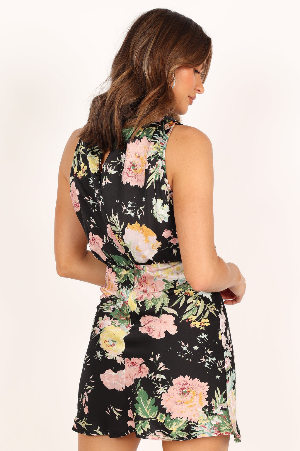 Anabelle Black Floral Satin-Feel Wedding Guest Mini Dress - view 8