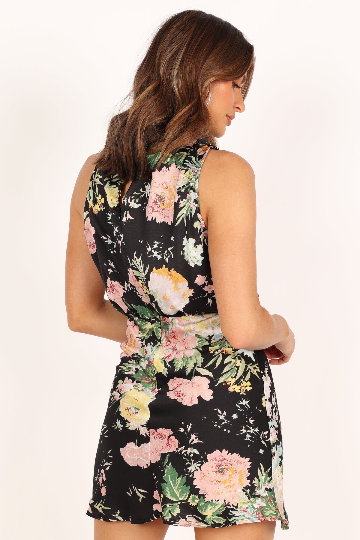 Anabelle Black Floral Satin-Feel Wedding Guest Mini Dress - view 8