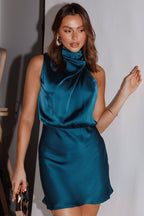 Anabelle Teal Satin-Feel Wedding Guest Mini Dress - view 2