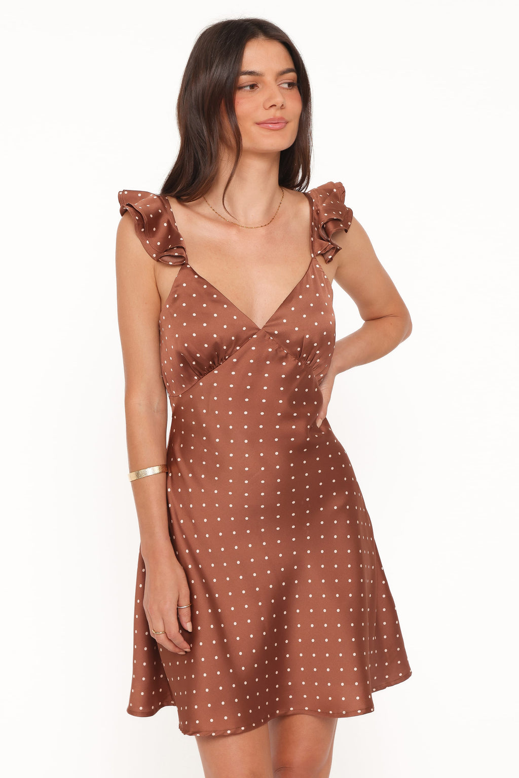 Cassinda Brown Polka Dot Satin-Feel V-Neck Mini Dress - view 1