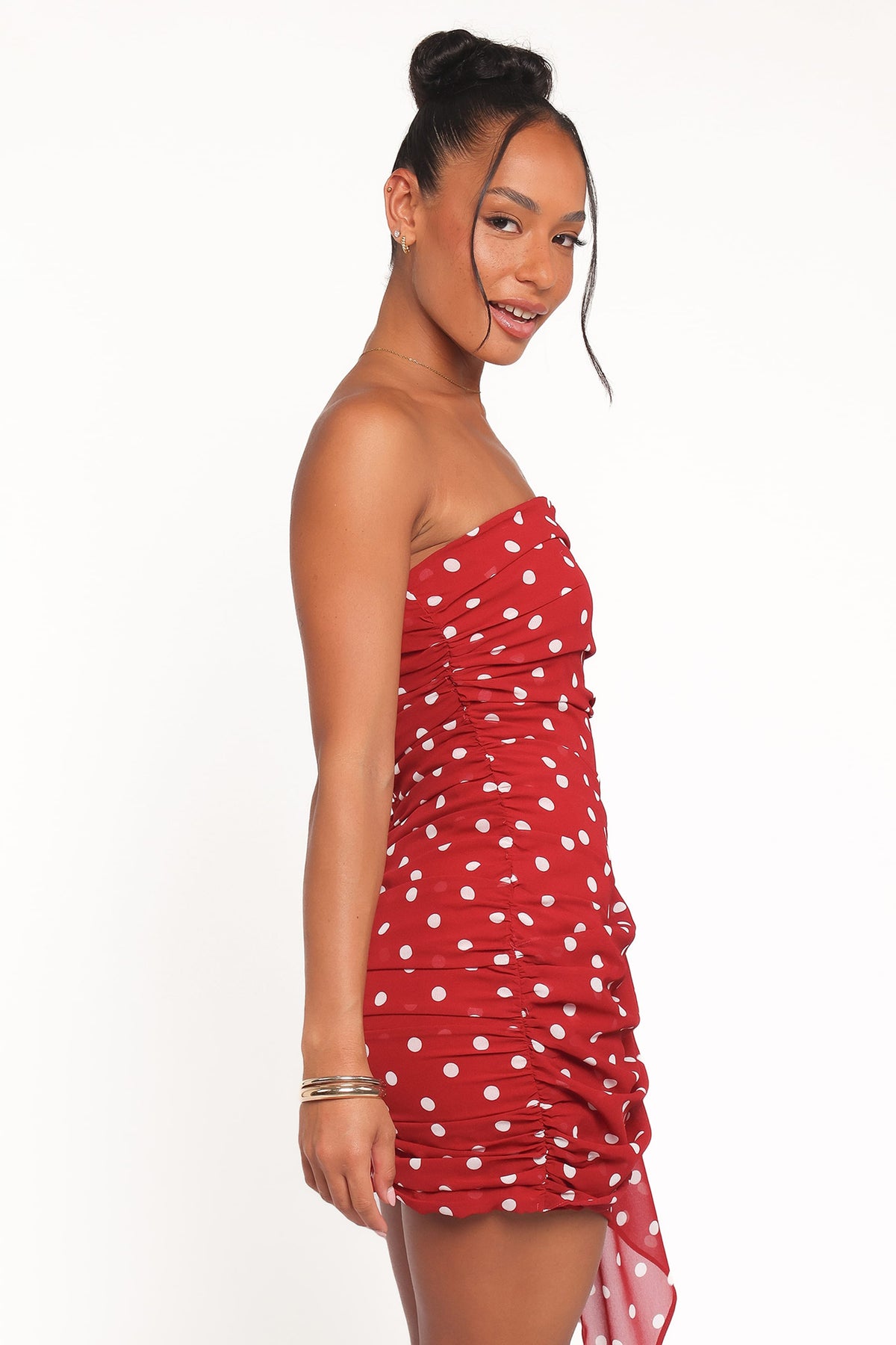 Kristen Red Polka Dot Strapless Ruched Mini Dress - view 3