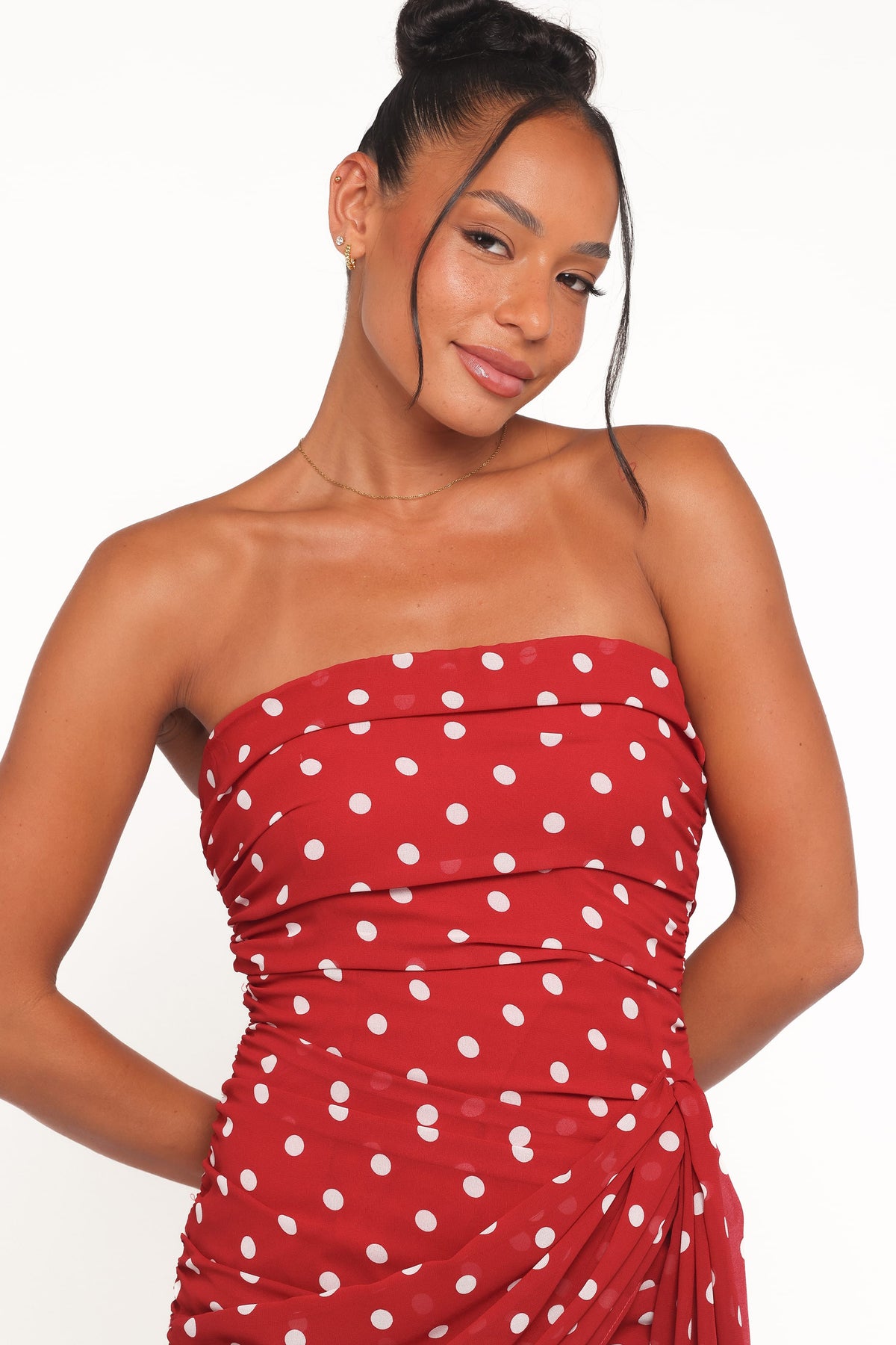 Kristen Red Polka Dot Strapless Ruched Mini Dress - view 5