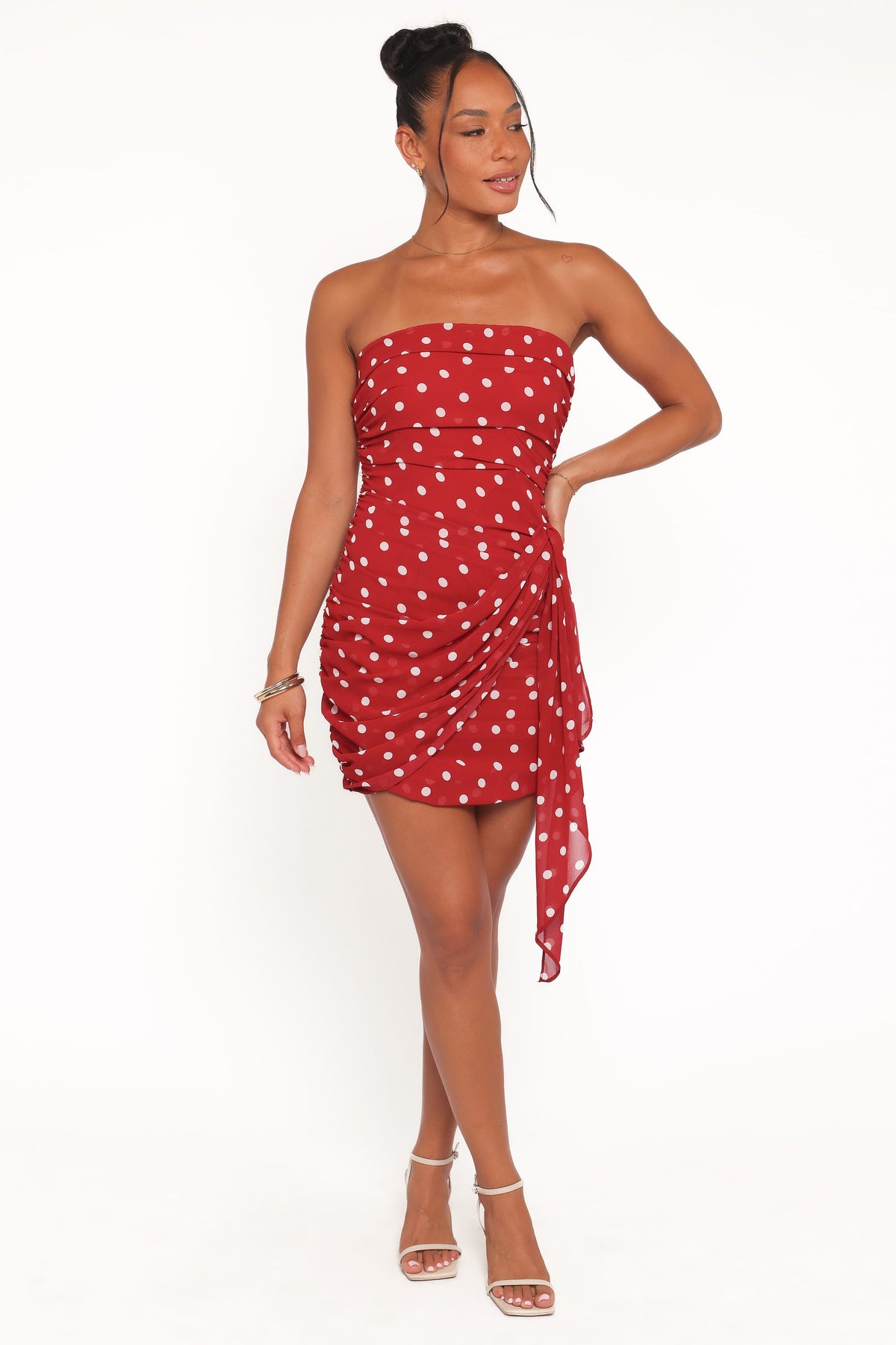 Kristen Red Polka Dot Strapless Ruched Mini Dress - view 1