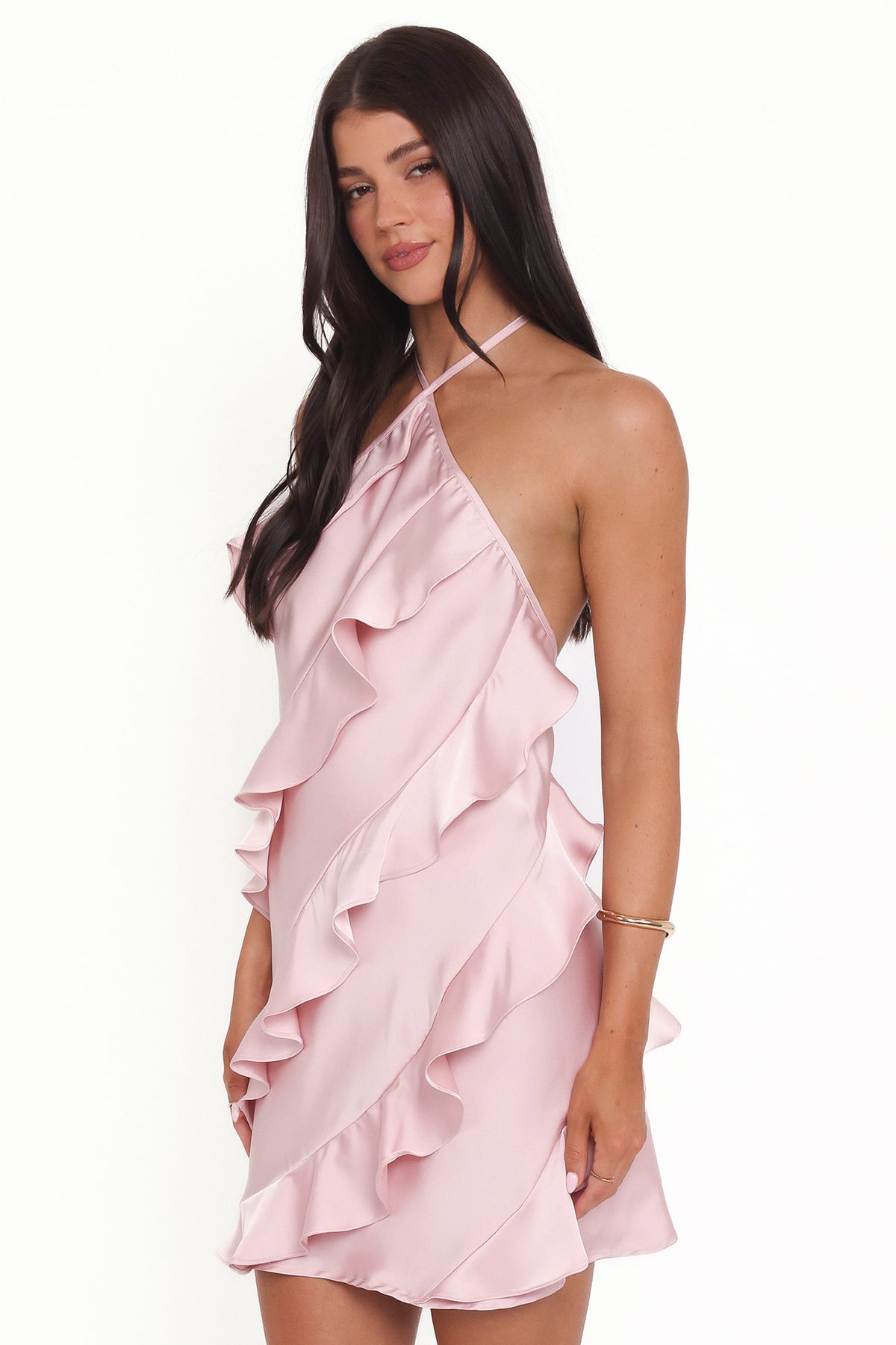 Valery Pink Satin Halterneck Ruffle Mini Dress - view 4