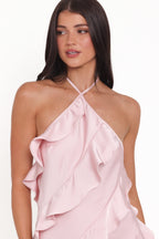 Valery Pink Satin Halterneck Ruffle Mini Dress - view 7