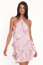 Valery Pink Satin Halterneck Ruffle Mini Dress - view 2