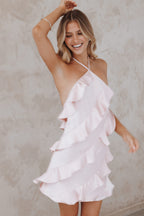 Valery Pink Satin Halterneck Ruffle Mini Dress - view 1
