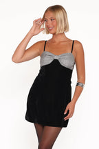 Wendelyn Black Velvet Square Neck Mini Dress with Silver Bow - view 1