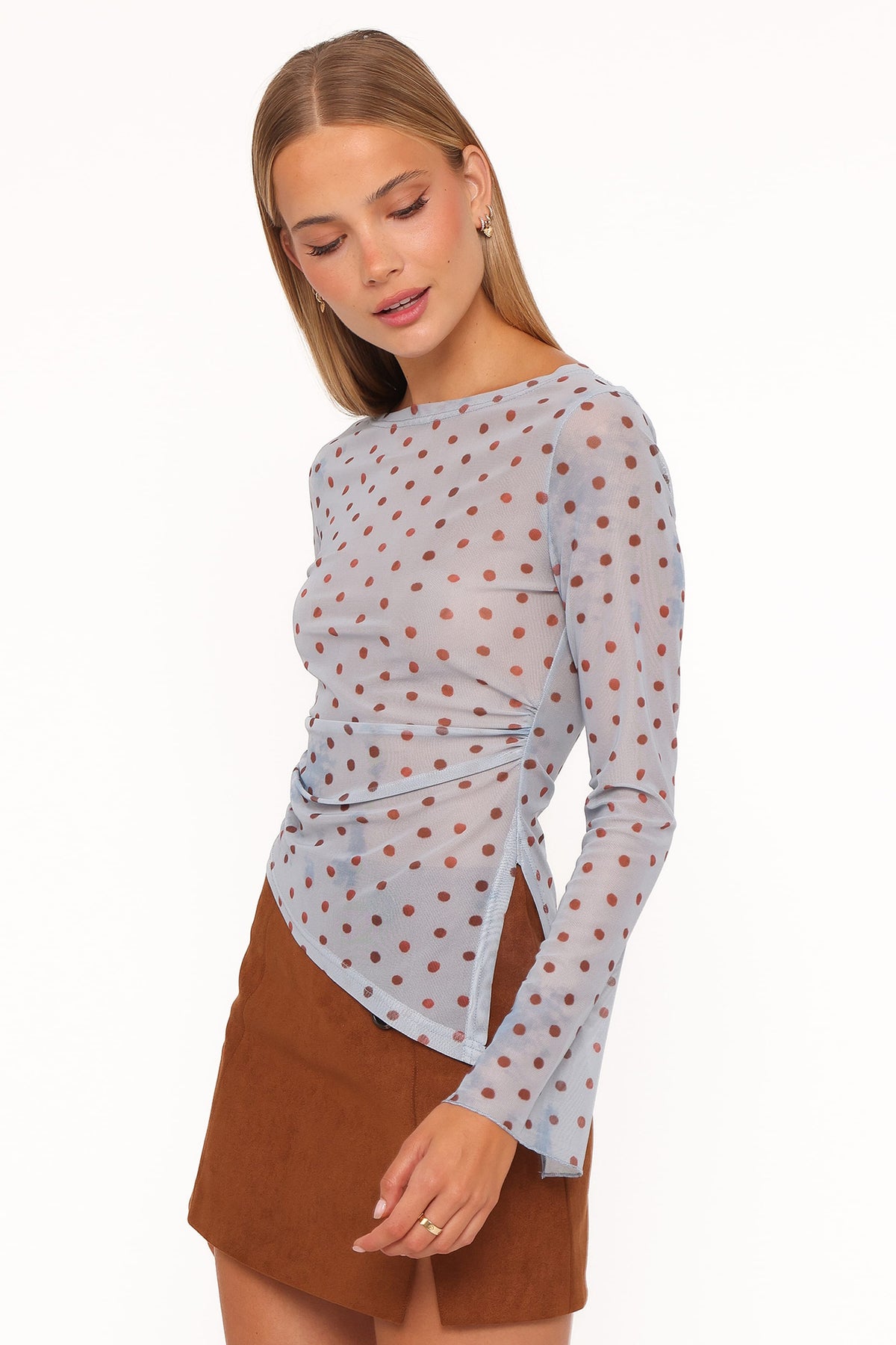 Annora Blue Dot Asymmetrical Mesh Top - view 3