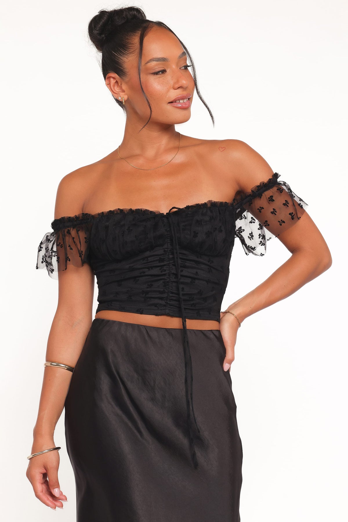 Aster Black Off Shoulder Mesh Top - view 2