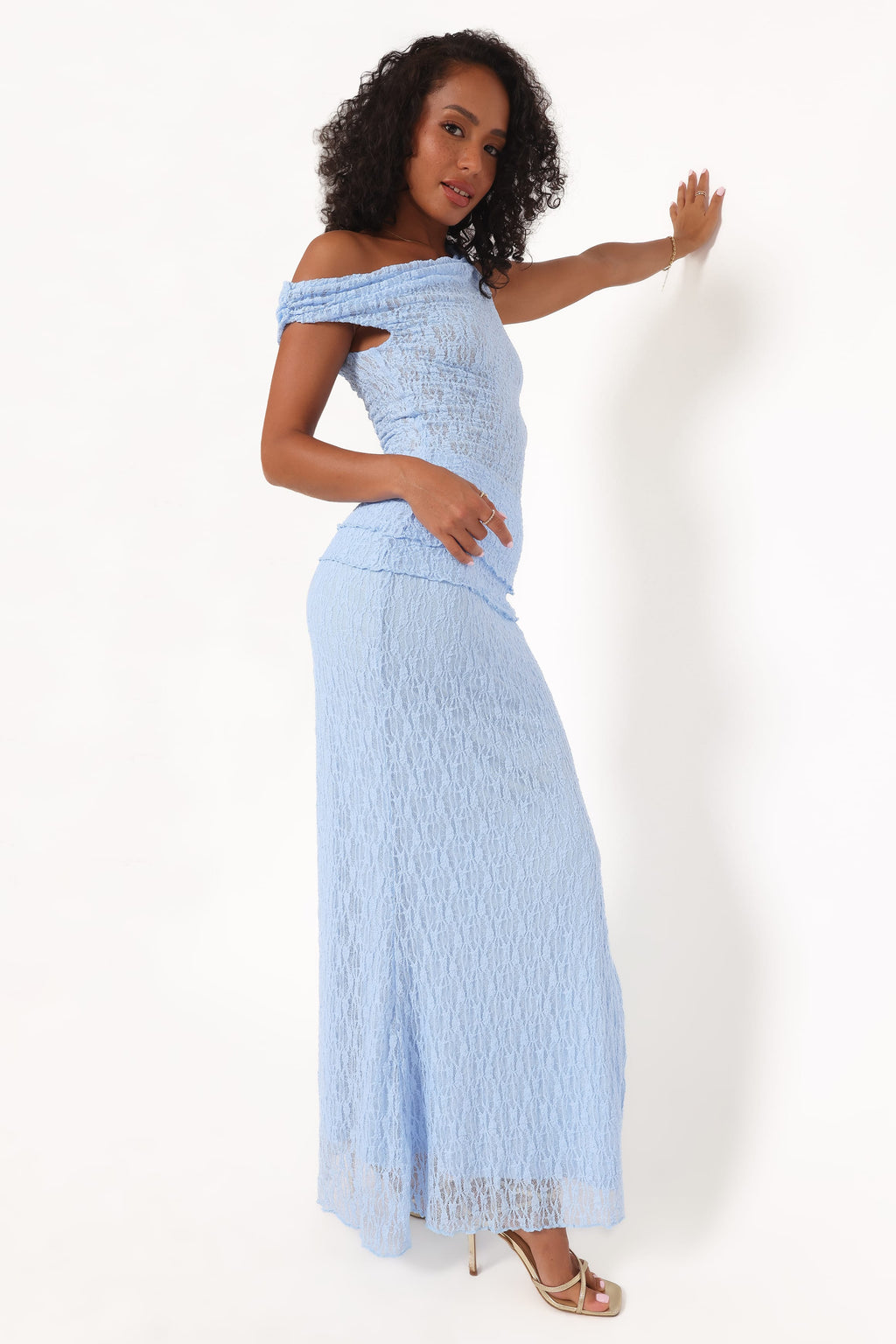Faeriel Blue Off Shoulder Lace Knit Top - view 5