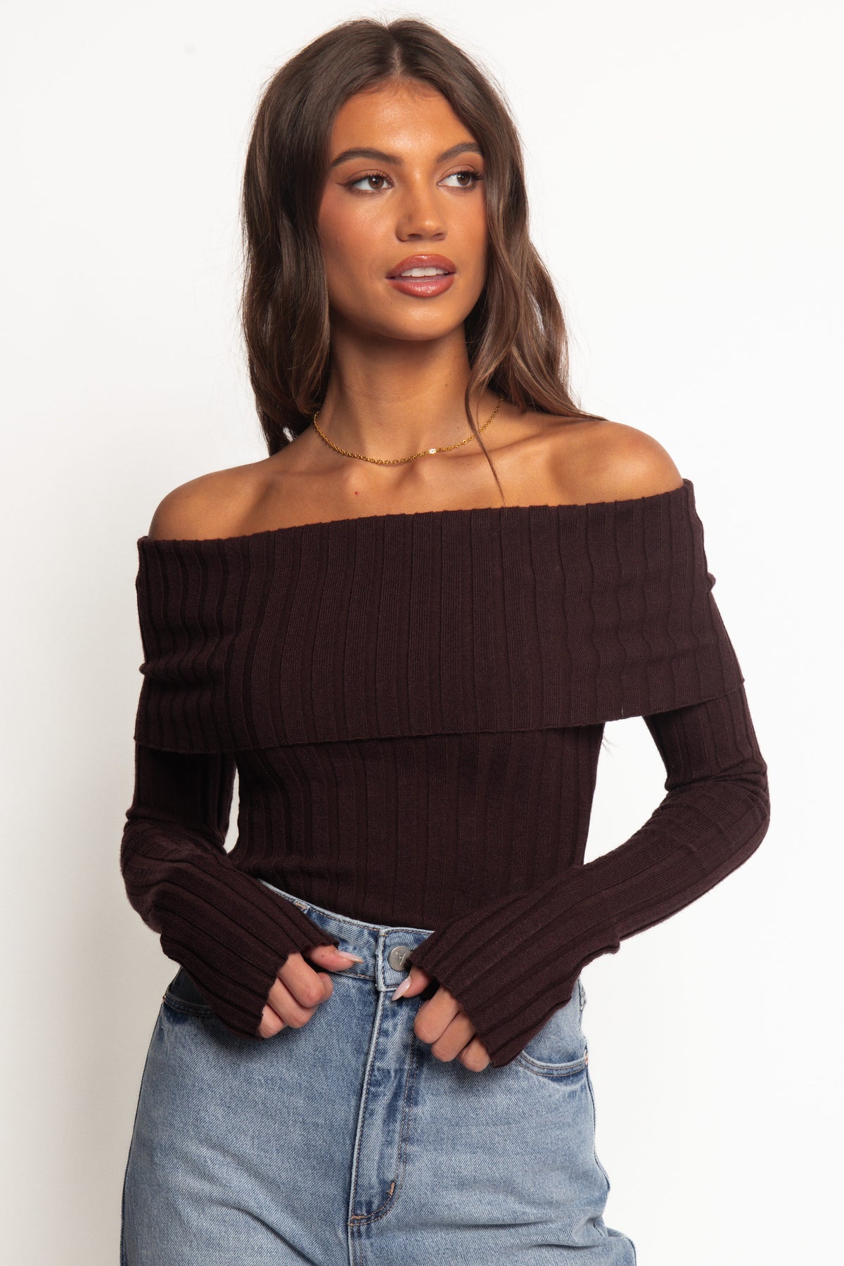 Inora Chocolate Off Shoulder Knit Top - view 2