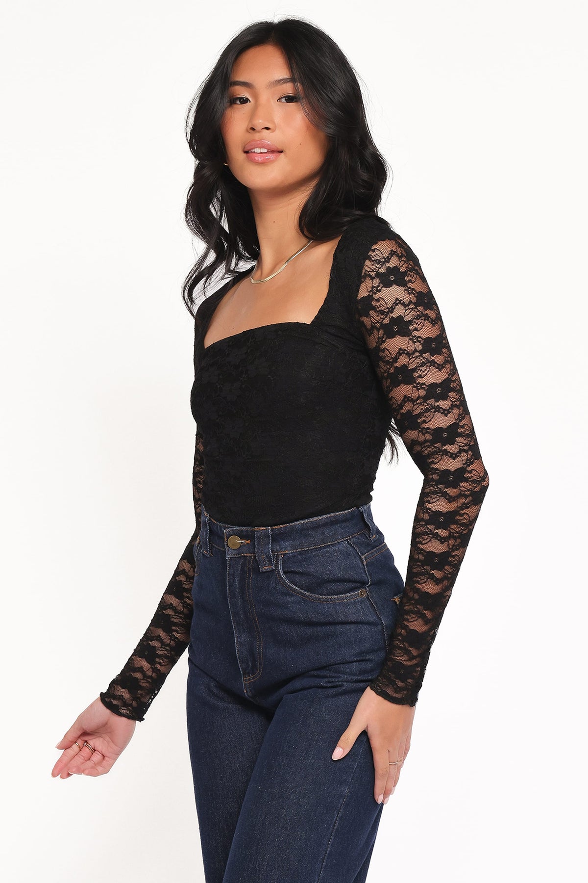 Skyler Black Square Neck Stretch Lace Top - view 3