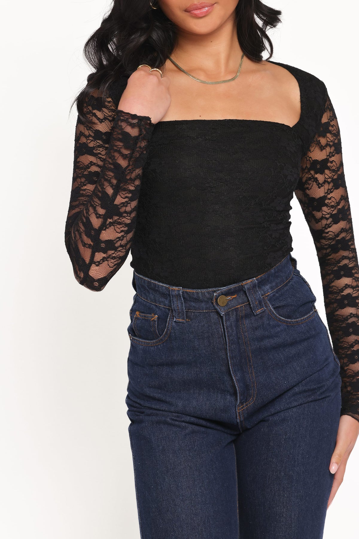 Skyler Black Square Neck Stretch Lace Top - view 2