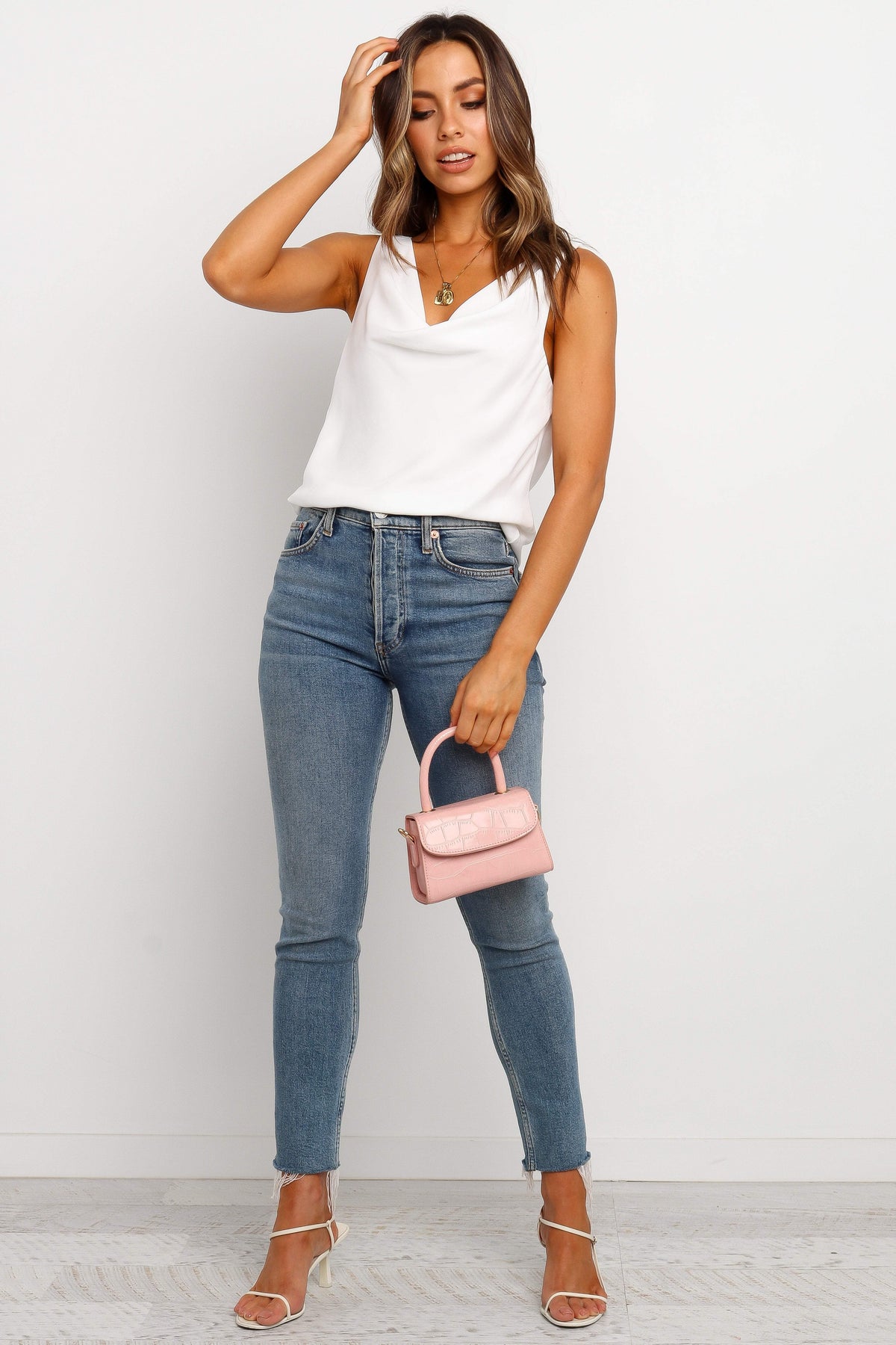 Vinita White Satin Cowl Neck Top - view 2