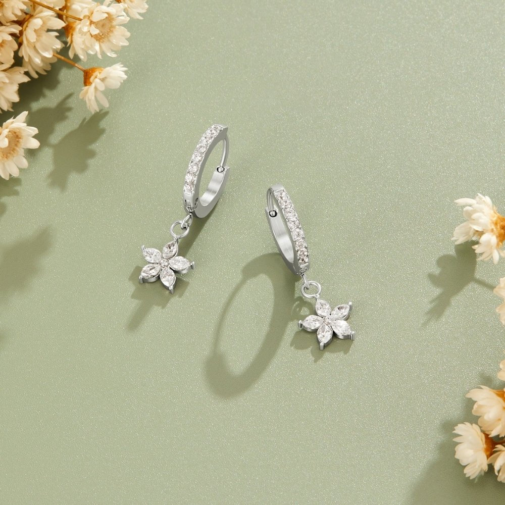Silver Crystal Petal Drop Earrings