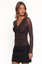 Ellera Brown V Neck Mesh Top - view 3