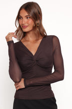 Ellera Brown V Neck Mesh Top - view 2